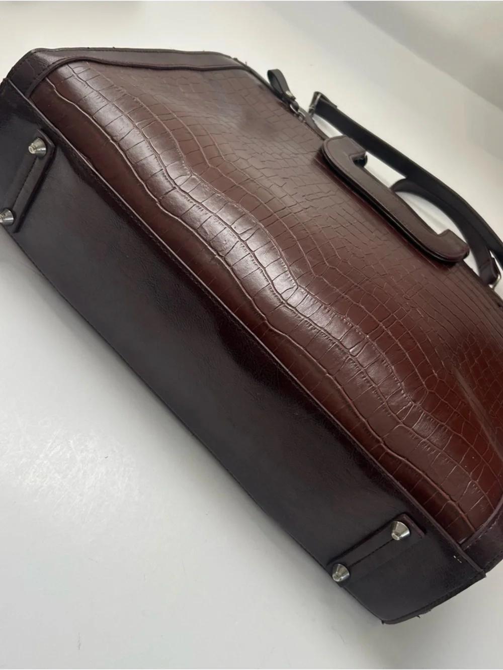 VTG Bueno Croc Embossed Faux Leather Briefcase Tote Shoulder Bag Brown Large